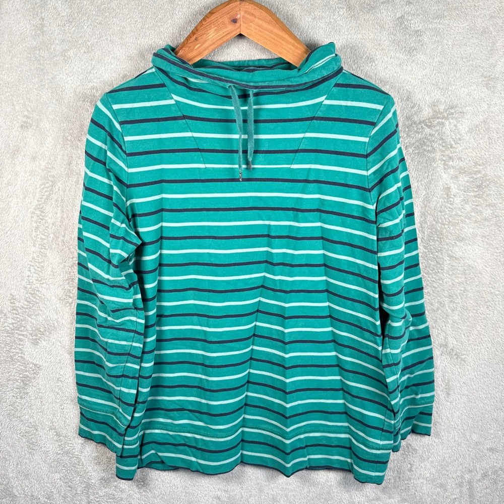 L.L. Bean L/S Funnel Neck Top Women XL Green Striped Cotton Pullover Basic Fall